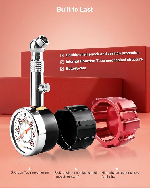 ATsafepro Tire Pressure Gauge, 5-60 PSI, ANSI B40.1 Certified, Extended 360° Swivel Head, Hold & Bleed Button, Dual Guard,Tire Gauges Fit for Cars and Motorcycles - Compact & Battery-Free