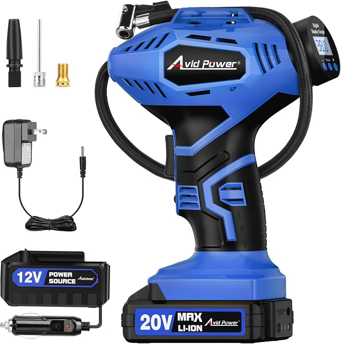 AVID POWER Cordless Tire Inflator Portable Air Compressor, 20V Rechargeable Battery Powered Car Tire Pump w/ 12V DC Adapter, Digital Pressure Gauge, Air Pump for Car, Bike, Motorcycle, Ball