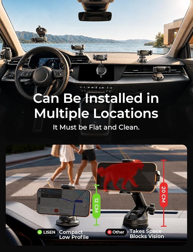 LISEN Suction Phone Mount for Car, [Ultra Suction & 95% Cases Friendly] Car Phone Holder Mount Vacuum Dashboard Phone Holder, Car Cell Phone Holder for iPhone 17 16 15 14 Pro Max Air Galaxy S26 S25