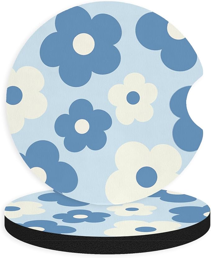 2pcs Cute Flowers Car Coasters,Absorbent Universal neoprener Cup Holder Coasters with a Finger Notch,Car Accessories for Women&Man Interior，2.75" 1