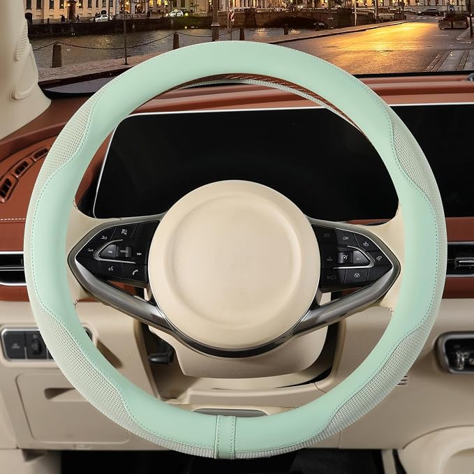 Nappa Leather Ice Silk Fabric Green Steering Wheel Cover | Non-Slip Breathable Soft Car Accessories, Warm in Winter and Cool in Summer, Small 13.5 inch to 14 inch for Prius Civic