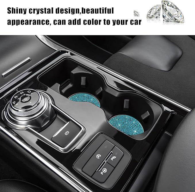 Ziciner 2PCS Bling Car Cup Holder Coaster, 2.73 Inch Anti-Slip Cup Insert Coasters, Crystal Rhinestone Auto Drink Cup Mat, Universal Interior Decor Car Accessories for Women Girls (Light Blue)