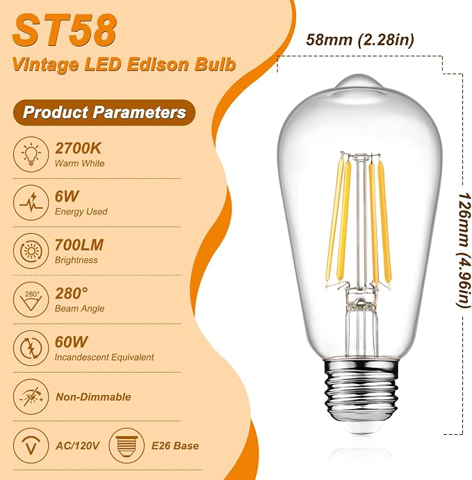 Ascher 12-Pack Vintage LED Edison Light Bulb 60W Equivalent, Decorative Antique Filament Light Bulbs with 80+ CRI, Warm White 2700K, 700 Lumens, E26 Base, Non-Dimmable