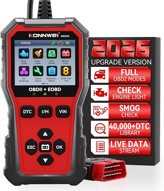 KONNWEI KW340 OBD2 Scanner Diagnostic Tool Code Reader for All OBDII Cars | Read & Clear Engine Codes, Live Data Stream, Battery Test, I/M Readiness, O2/EVAP Test, OBDII/EOBD