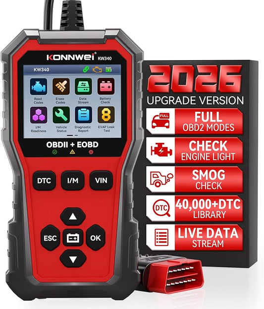 KONNWEI KW340 OBD2 Scanner Diagnostic Tool Code Reader for All OBDII Cars | Read & Clear Engine Codes, Live Data Stream, Battery Test, I/M Readiness, O2/EVAP Test, OBDII/EOBD