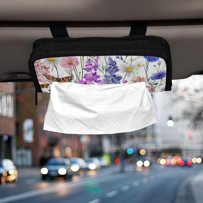 Pink Bluebonnets Daisy Car Tissue Holder Durable Napkin Holder Hanging Tissue Holders Case Car Tissues Bag for Sun Visor Seat Back Universal Auto