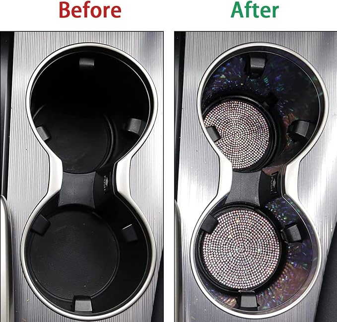 Ziciner 2 Pack Bling Car Cup Holder Coaster, Anti-Slip Auto Insert Coaster with Start Stop Button Cover, Universal Shiny Crystal Vehicle Interior Accessories for Women and Girls (AB)