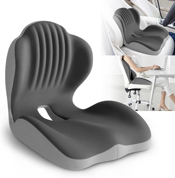 Ergonomic Waist Support and Seat Cushion, L-Shaped Memory Foam Pad, Hollow Design for Coccyx, Suitable for Office Chairs, Car Safety Seats and Household Use - Relieves Lower Back and Hip Pain (Grey)