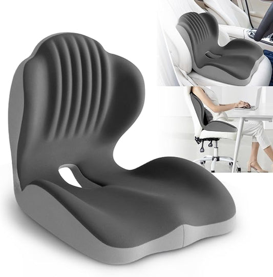 Ergonomic Waist Support and Seat Cushion, L-Shaped Memory Foam Pad, Hollow Design for Coccyx, Suitable for Office Chairs, Car Safety Seats and Household Use - Relieves Lower Back and Hip Pain (Grey)