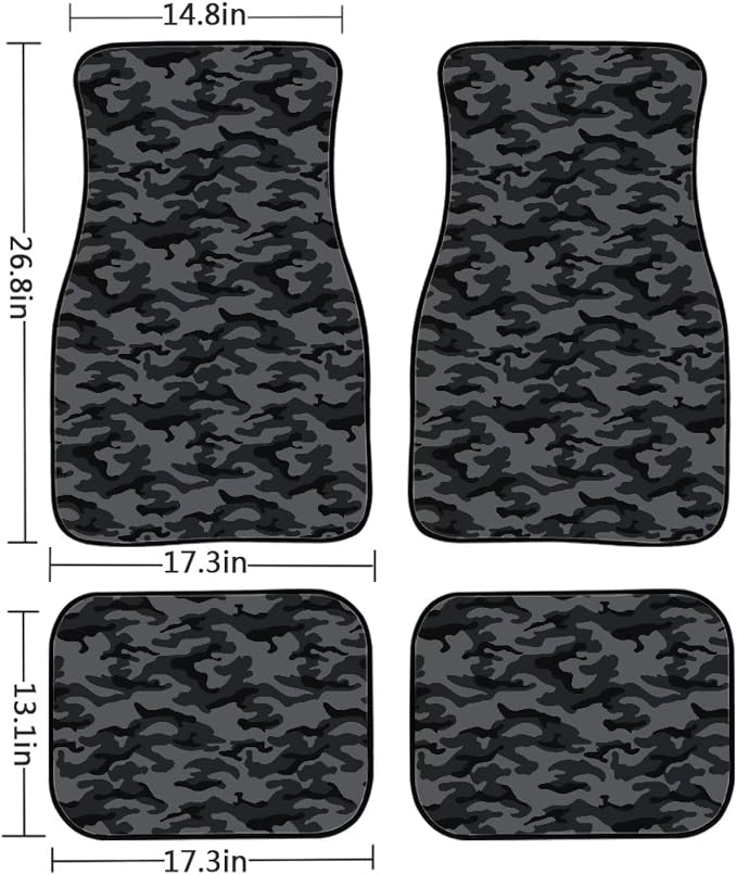 Black Gray Camo Print Car Floor Mats Set of 4 Military Camouflage Universal Vehicle Floor Carpet Decorative Auto Front Rear Foot Rugs for Trucks SUV Sedan