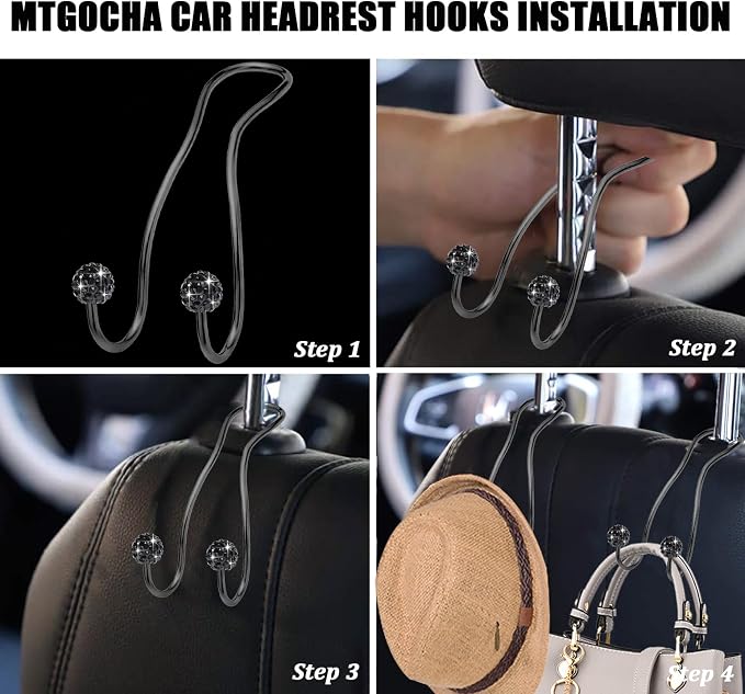 Bling Purse Hook for Car Headrest, Upgraded Cute Car Seat Hooks for Bag Handbag, Durable Stainless Auto Purse Hanger Holder 2 Pack, All Black