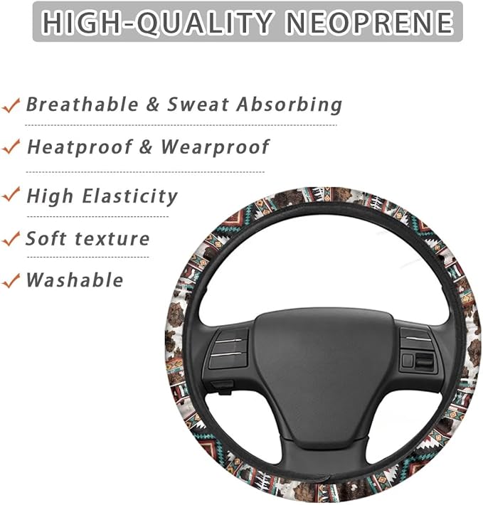 Wanyint Car Steering Wheel Cover 15 Inch Universal Breathable Soft Anti-Slip Auto Accessories Steering Wheel Protector Fit for Most Vehicles, Aztec Geometric Cow Print