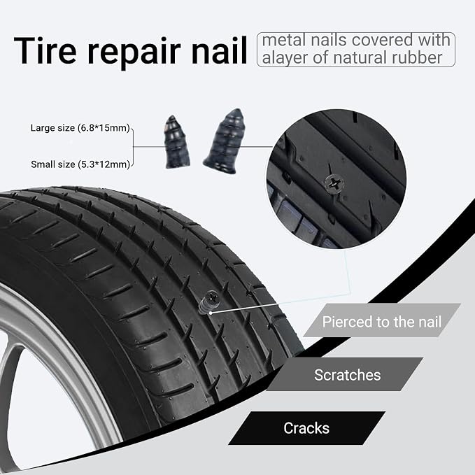 Tire Repair Glue, Tire Repair Nail, Tire Repair Rubber Nails Kit, 50ml | Seamless Strong Bonding, Flexible, Waterproof, Suitable for All Tire Types, Two Sizes Nail for Car, Motorcycle, Bike