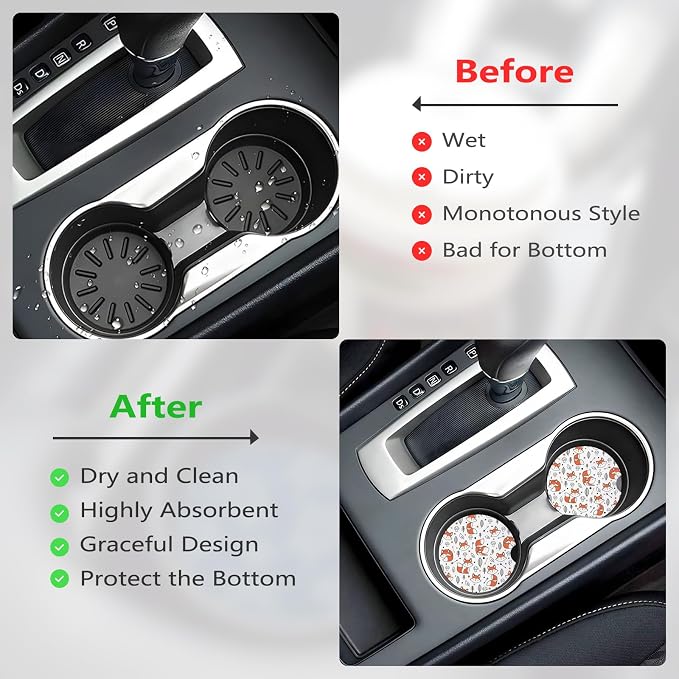 Car Cup Holder Coasters, 2 Pcs Ceramic Coasters with Cork Back and Finger Slot, Anti-Slip Shock Absorbing Women and Men Universal Car Accessories - Smart Fox