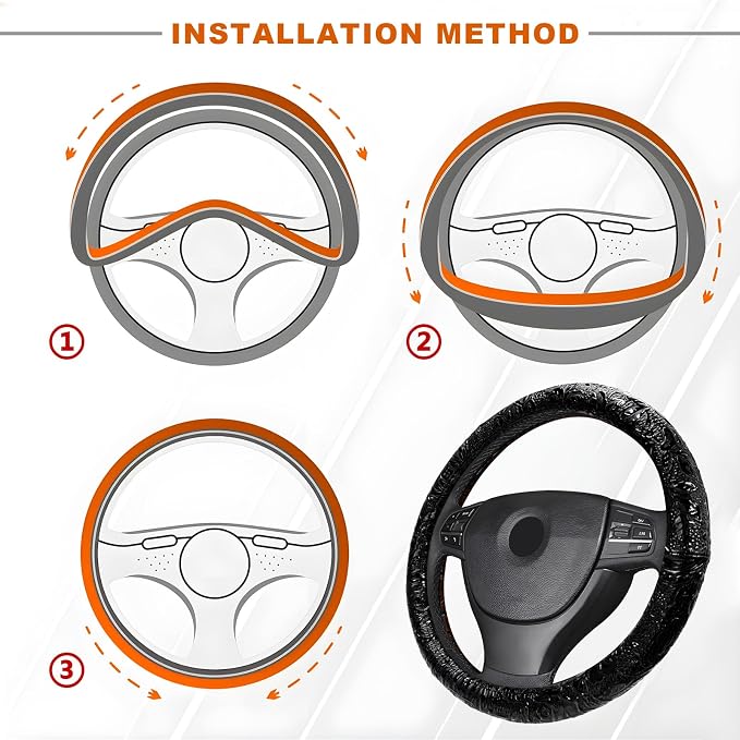 Leather Car Steering Wheel Cover, 15 Inch Anti-Slip Crocodile Pattern Steering Wheel Wrap with Rose Grain, Comfortable Grip Wheels Protector for Cars SUVs Trucks, Car Accessories (Black)