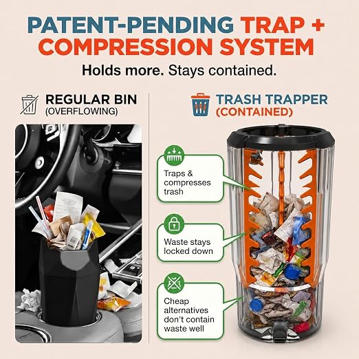 Trash Trapper Car Trash Can Cup Holder | Mini Car Trash Can | Fits in Most Doors | 5.1" x 2.9" | Traps More & Empties Less, Patent-Pending Compaction, 250th Anniversary Edition, Black/Red-White-Blue