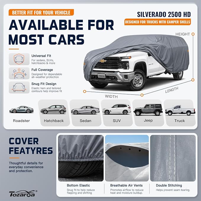 Truck Cover Waterproof All-Weather,Outdoor Full Exterior Pickup Covers for Truck Cover with Camper Shell Topper 242-262 inch,with Windshield Sun Shade,Size T7+ (See SizeChart)