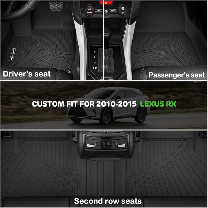 Floor Mats & Trunk Mat for Lexus RX 2010-2015 | All Weather TPE Floor Liners Fit for Lexus RX350/RX450h 1st & 2nd Row and Cargo Liner Odorless Anti-Slip Black Car Mats