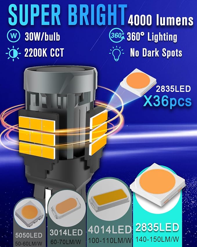7440 7443 LED Bulb With Built in Resistor CANBUS Error Free,2200K 4000LM Super Bright 7443A Turn Signal Light Anti Hyper Flash,T20 7443A 7440NA W21W WY21W LED Blinker Bulb Amber Yellow,2pcs