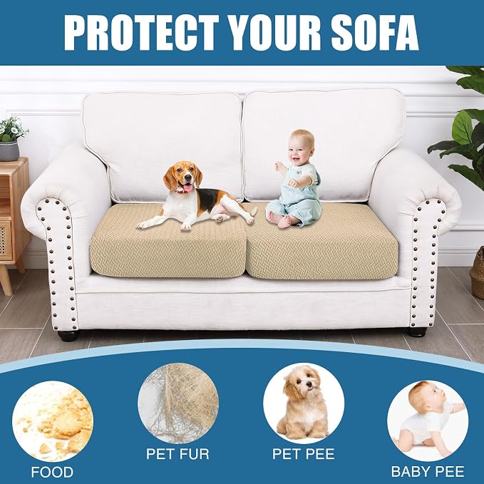Smiry Waterproof Couch Cushion Covers, Stretch Jacquard Thick Sofa Cushion Covers, Washable Seat Slipcover Elastic Furniture Protector for Pets, Kid (2PC, Light Brown)