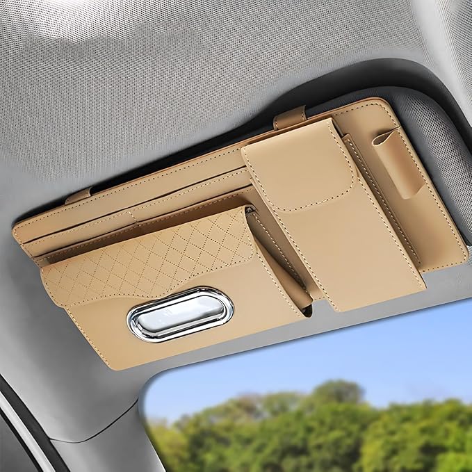 ZIMISI Leather Car Visor Organizer, Sun Visor Storage Bag, Car Tissue Holder, Multi-Pocket Document Holder, Vehicle Travel Accessories for Pen, License, Cards, Sunglasses, Tissues (Khaki)