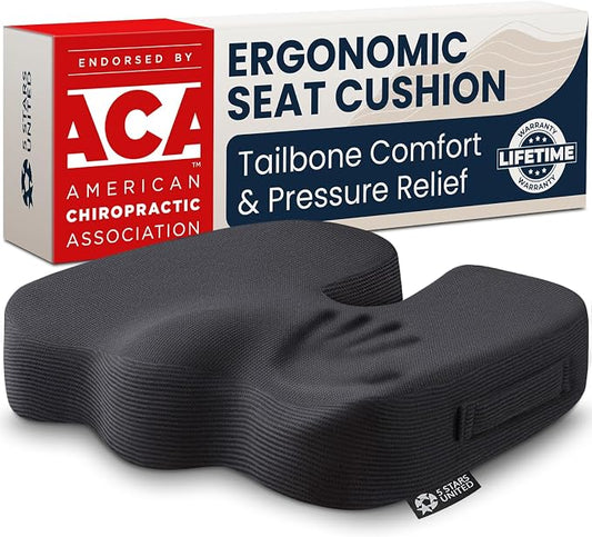 5 STARS UNITED Seat Cushion - Memory Foam Chair Cushion for Tailbone Pain Relief - Ergonomic Support for Coccyx, Sciatica & Butt - Office, Desk & Gaming Chair, Car Seat, Wheelchair, Airplane, Black