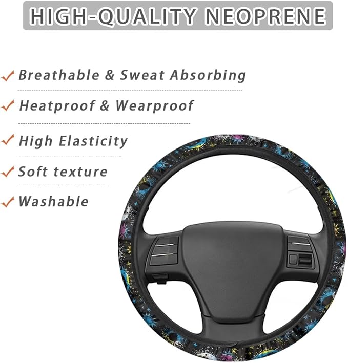 Wanyint Sun Moon Star Blue Car Steering Wheel Cover Universal 15 Inch Breathable Auto Steering Wheel Cover Car Accessory for Women Men