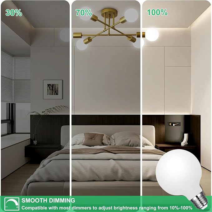 Vinaco Glass G25 led Globe Light Bulbs Dimmable 6W 120V 5000K for Bathroom | 6PCS, Milky Frosted Glass, 60W Eq. 450LM, 360°Beam,Warm White, NO Flicker, High CRI90+, E26 Base, for Makeup Mirror & Pendant
