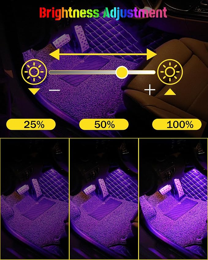 YONGMING Car LED Interior Lights, RGB USB Mood Lighting with Music Sync | APP-controlled RGB LED strip lights with music-activated modes for car footwell, console and interior ambient lighting.