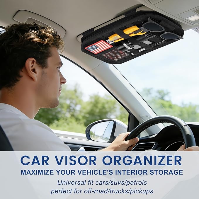Car Sun Visor Organizer, Multi-Pocket Tactical Visor Storage with Zipper | Semi-Rigid Molle Panel Car Accessories, Sunglasses Holder Clip, for Truck, SUV, Patrols, Pickups