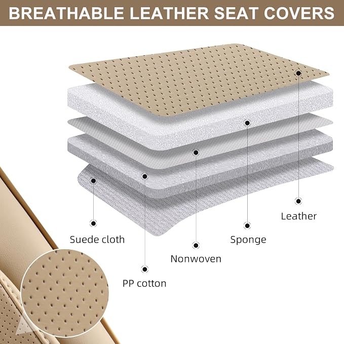 Car Seat Covers Full Set, Breathable Leather Automotive Front and Rear Seat Covers, Car Seat Protectors Full Set,Universal Automotive Vehicle Seat Cover for Most Sedan SUV Pick-up Trucks, Beige