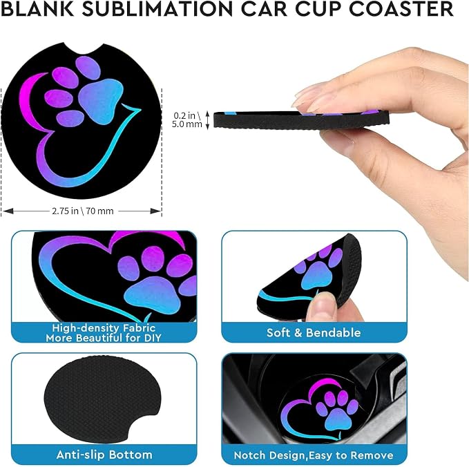 2 Pack Love Dog Paw Car Cup Holder Coasters Universal Neoprene Coasters | 2.75" Universal Size Anti Slip Rubber Mat, Auto Cup Holder Accessories for SUV Truck, Dog Lovers Gifts for Women Men Mom