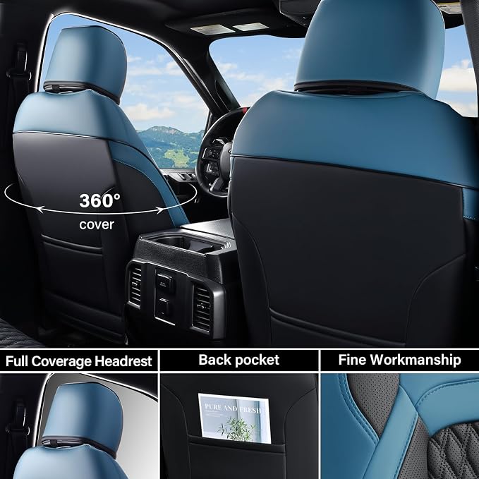 Coverado Chevy Chevrolet Silverado GMC Sierra Seat Covers Full Set, Custom Fit for 2014-2018 1500, 2015-2019 2500HD 3500HD Crew Double Extended Cab Truck, Faux Waterproof Leather Seat Covers (Blue)