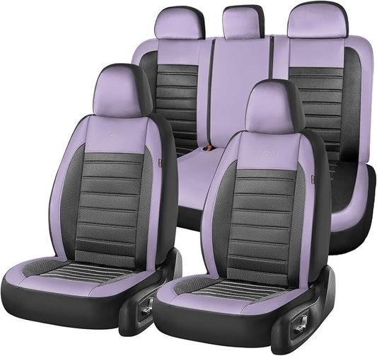 Coverado Car Seat Covers Full Set, Luxury Leather Car Seat Covers, Automotive Front and Rear Mesh Seat Covers, Full Set 5 Seats, Purple&Black Seat Covers for SUV Sedan Truck