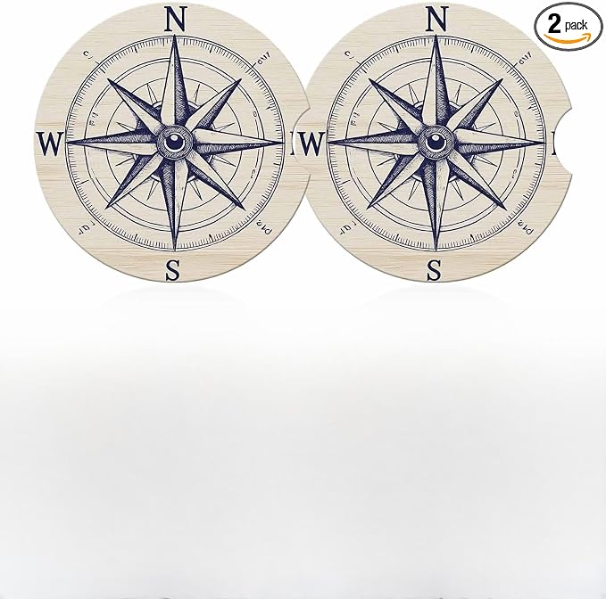 Compass Wind Rose 2 Pack Car Cup Holder Coaster Anti Slip Insert Absorbent Ceramic Car Coaster with Cork Base and Finger Notch Cute Car Accessories Interior for Women Men