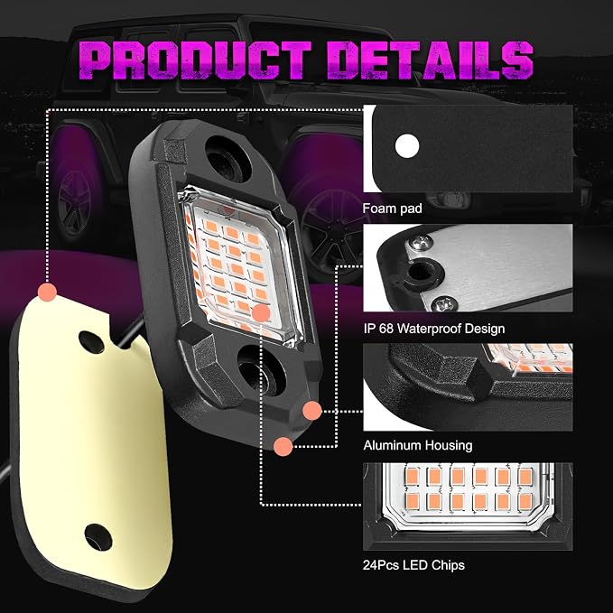 4 Pods Purple Rock Lights Underglow Light for Cars Trucks Trail Rig Lamp | 24 LED chips for each light, waterproof bottom chassis lights