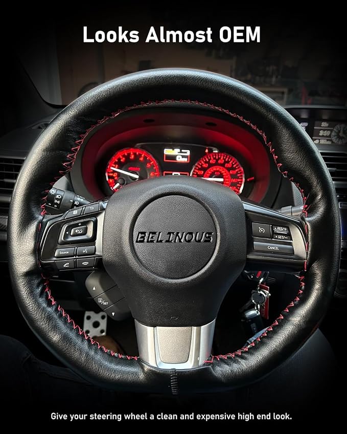 BELINOUS Leather Steering Wheel Cover Lace Up, Stitch on Steering Wheel Wrap, Universal Fit 13-20 Inch Car Truck Pickup Boat, A Whole Piece of Cowhide, DIY w/Needle Thread (Size S3, Black & Red)
