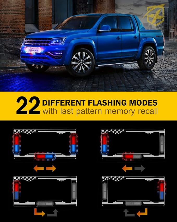 Xprite 36 LED License Plate Strobe Light, US Flag Front/Rear Utility Lights, 22 Modes Caution Frame for Construction Towing Snow Plow Pickup Work Trucks Cars - Multi Color (w/Pre-Installed 9FT Cable)