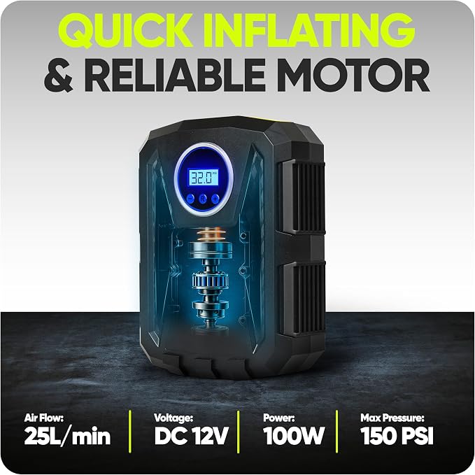 FORTEM Tire Inflator Portable Air Compressor, Air Pump for Car Tires and Bikes, Car Tire Pump w/Auto Shut Off, 150 PSI, 12V DC, LED Light, Carrying Case, Perfect For Men, Women