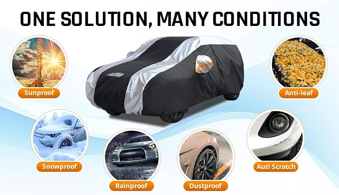 SUV Car Cover Waterproof All Weather Protection with Silver Stripe Design,Universal Fit Toyota RAV4, Honda CRV, Tesla Model Y, Audi Q5, Nissan Rogue, Mazda CX-5, Kia Sorento,Hyundai Sante Fe