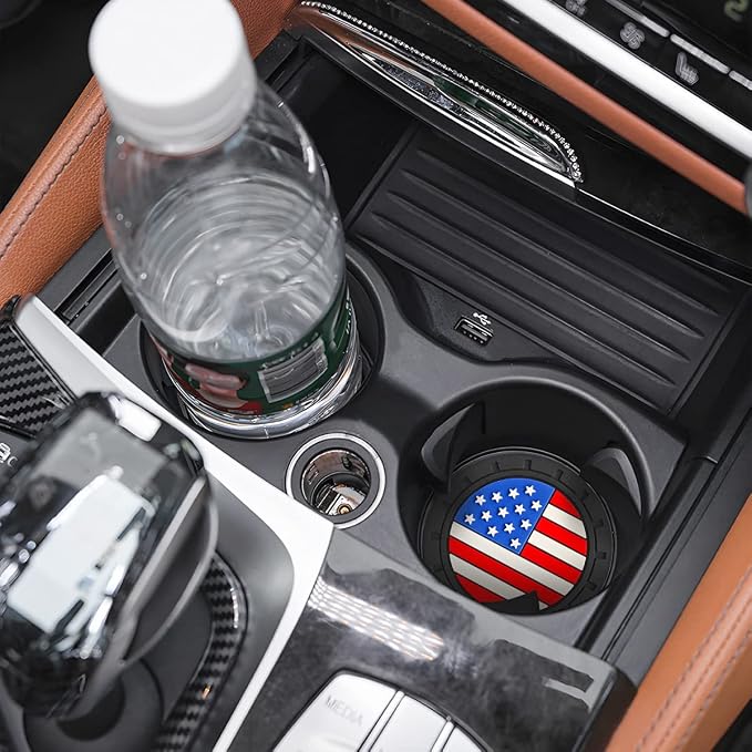 AUCELI 4 Pack Car Cup Holder Coasters, Colored American Flag US Flag Insert Car Cup Coaster, 2.75 Inch Anti Slip Shockproof Embedded Drink Mat, Vehicle Interior Decor Accessories