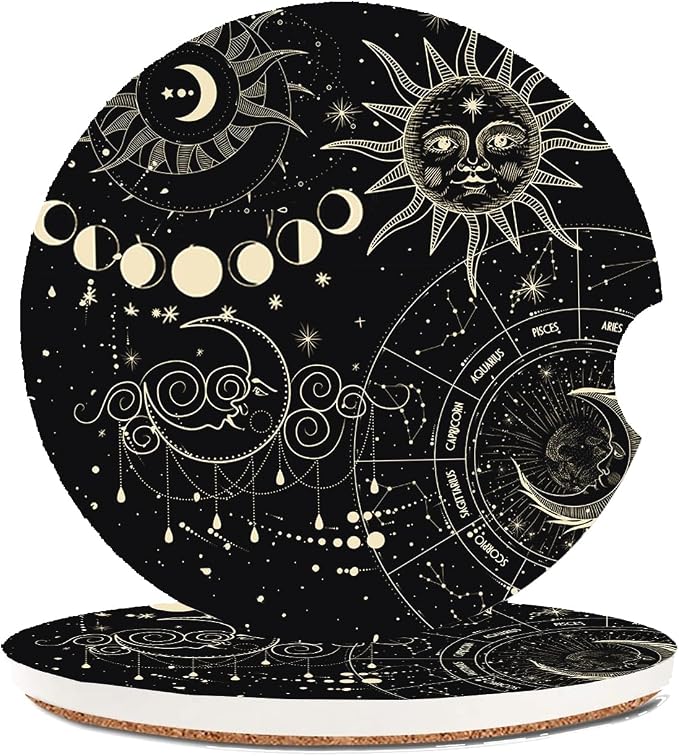Absorbent Car Coasters 2 Pack for Cup Holders, 2.56" Ceramic Stone & Non-Scratch Cork Base Drink Coasters(Moon and Sun)