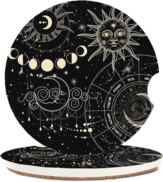 Absorbent Car Coasters 2 Pack for Cup Holders, 2.56" Ceramic Stone & Non-Scratch Cork Base Drink Coasters(Moon and Sun)