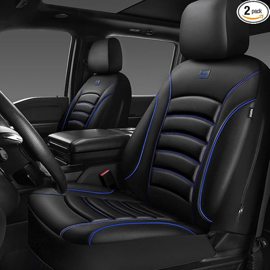 CAR PASS 3D Foam PU Leather Car Seat Covers, Universal Seat Covers Front 2 for Trucks SUV Sedan Automotive Seat Covers Armrest Airbag Compatible Waterproof Comfortable Faux Nappa Leather Black Blue
