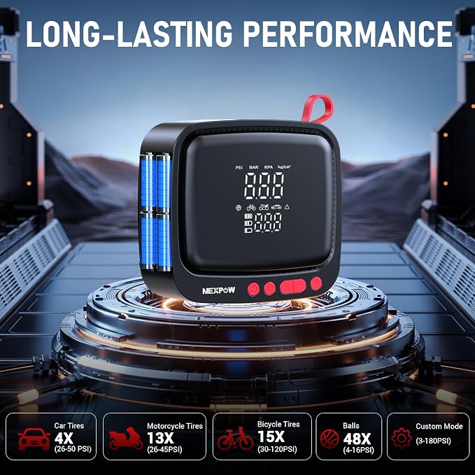 NEXPOW Tire Inflator Portable Air Compressor | Air Pump for Car Tires, 12V DC Power Adapter, 180PSI Electric Tire Pump, Digital Pressure Gauge