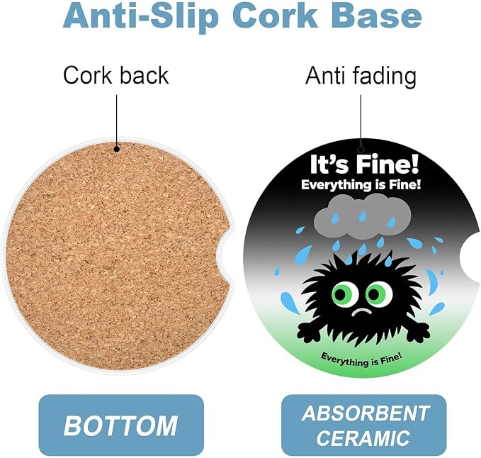 Car Cup Holder Coaster Set of 2, 2.56 in Ceramic Coasters, Scratch-Resistant Cork Backing, Finger Groove Design for Easy Placement, Cute Car Accessories Interior for Women (Little Monster)
