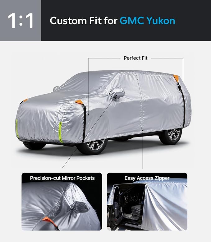 Wigoo Car Cover Compatible with GMC Yukon 2006-2026, Custom Fit Waterproof All Weather Outdoor Indoor Full SUV Cover, Windproof Sun UV Rain Snow Dust Protection, Door Zipper, Reflective Strips