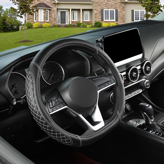 West Llama Flat Bottom Car Steering Wheel Cover for Nissan,D Shaped Steering Wheel Cover for Rogue,Altima,Kicks (Diamond Quilted-Black+Gray-Standard Size)
