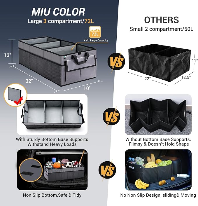 MIU COLOR Trunk Organizer for Car, 12 Pockets Sturdy Car Organizer for SUV, Non-Slip Bottom, Oxford Storage Organizer for Sedan, Van, Jeep, Grocery, Large 3 Compartments, Silver Gray 31.9"×12.6"×10.6"