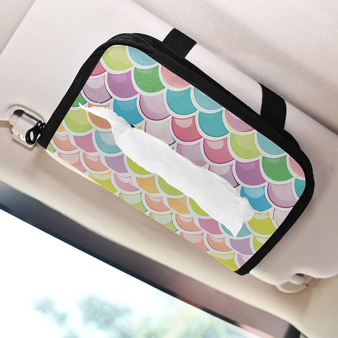 Car Tissue Holder Car Napkin Holder Tissue Box Dispenser Storage Case Sun Visor Mask Holder Accessories with Adjustable Straps Reusable Refillable Bright Multicolor Mermaid Scale